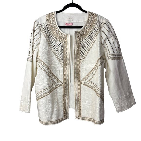 Chico’s Linen Ivory & Gold Open Front Tribal Jacket Size 3 XL Gold Tone Beading - Picture 1 of 8
